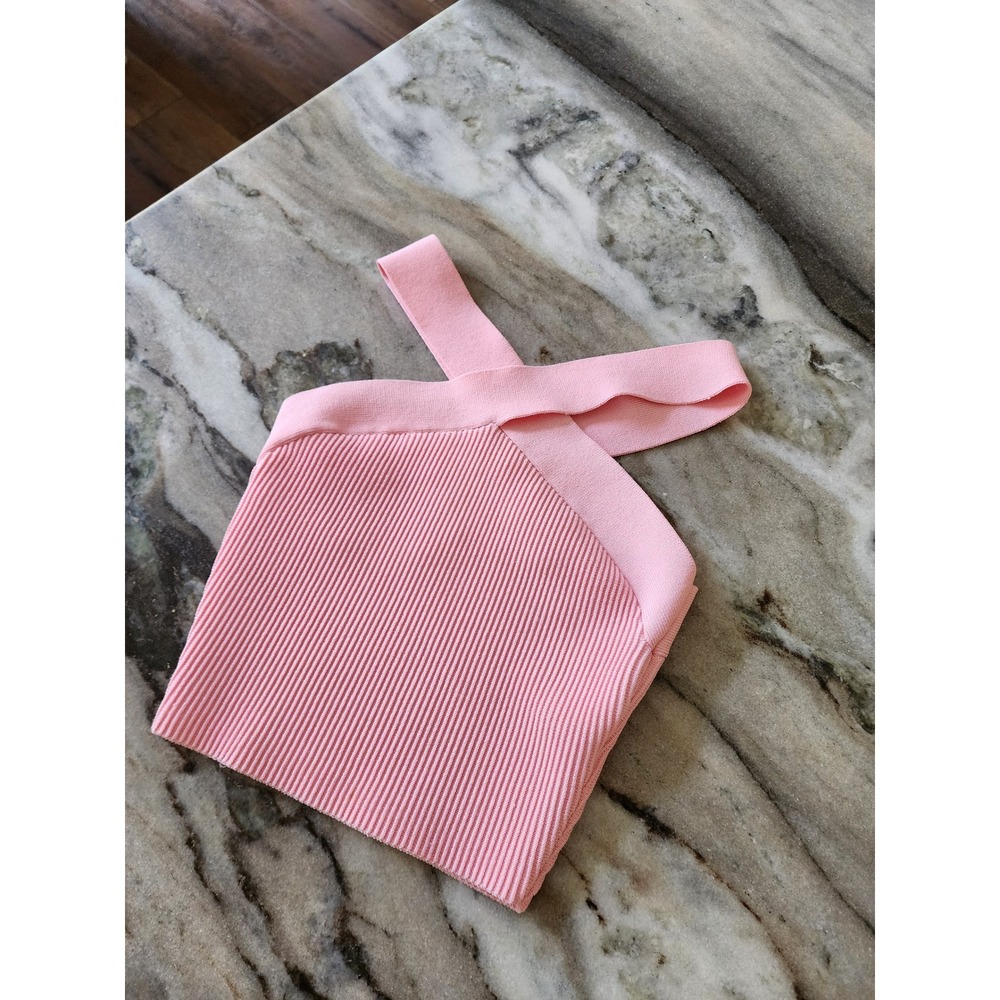 Aritzia Babaton Sculpt Knit Cross Front Halter Top Pink Ribbed Sleeveless XS - Picture 2 of 7